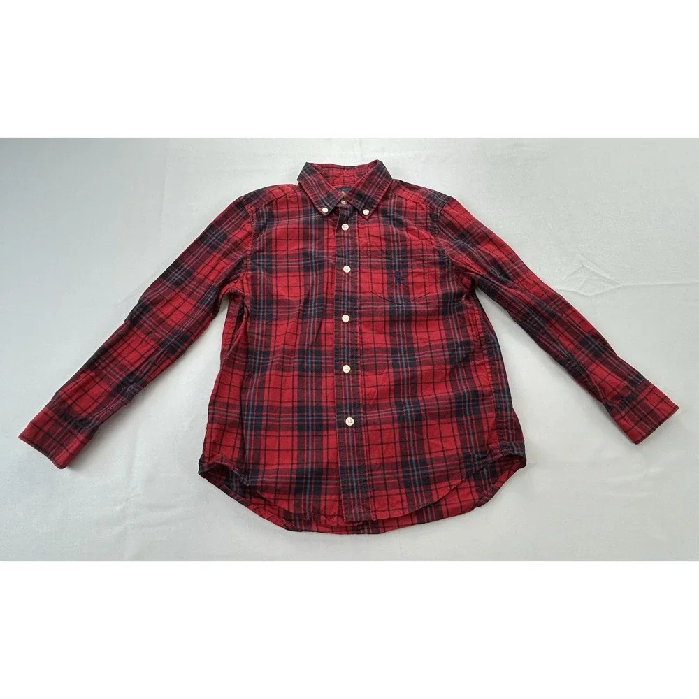 Ralph Lauren Boys Size 5 Red Navy Plaid Button Down Shirt 100% Cotton